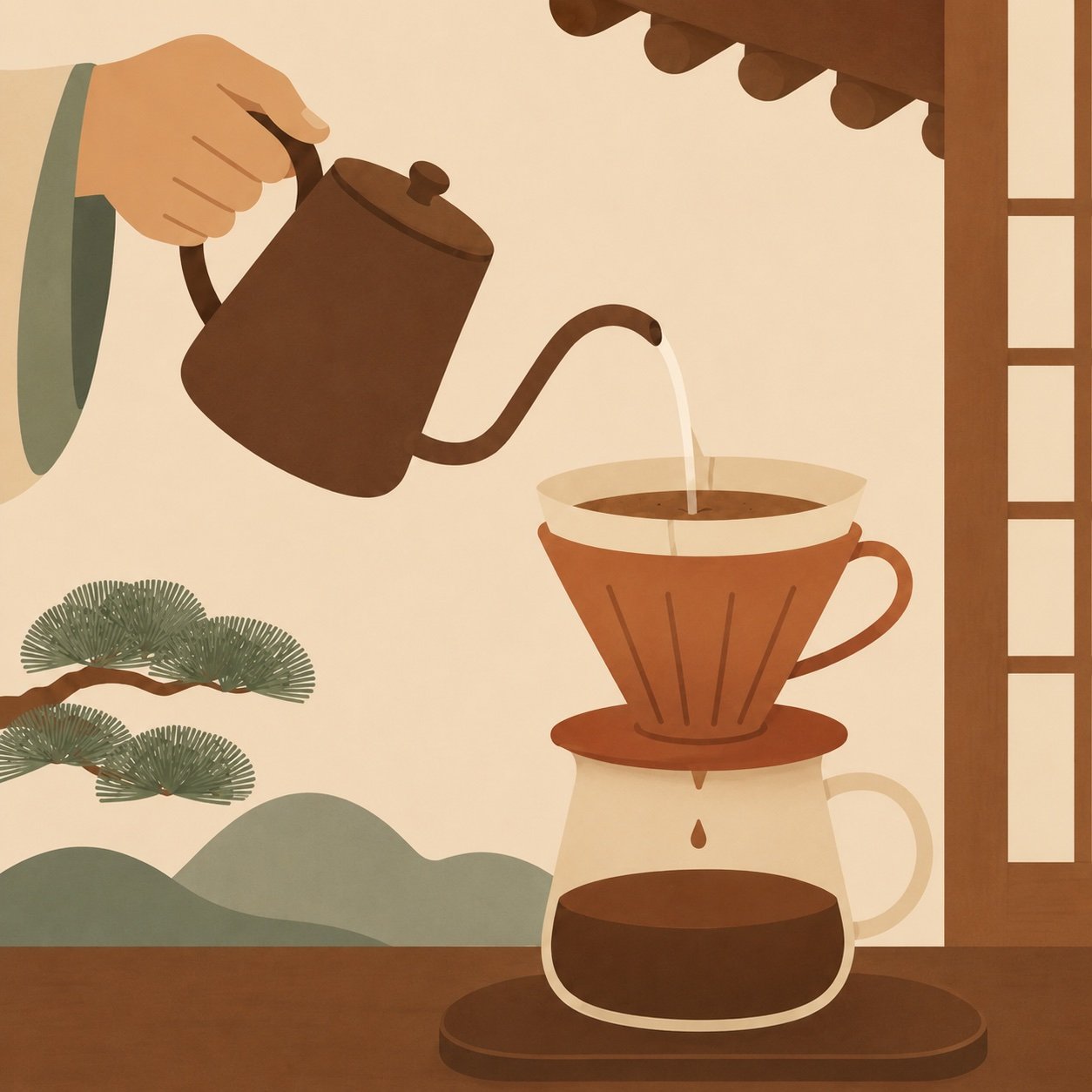 대관령 소나무와 산이 보이는 창가에서 손으로 핸드드립 커피를 내리는 모습 / Hand-pouring drip coffee by a window overlooking pines and mountains