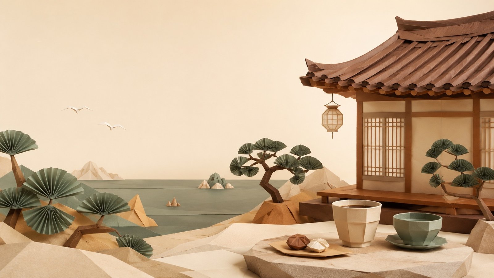 한옥 처마 아래 소나무와 동해가 내려다보이는 찻자리 · A hanok eave overlooking pines and the East Sea, tea set out